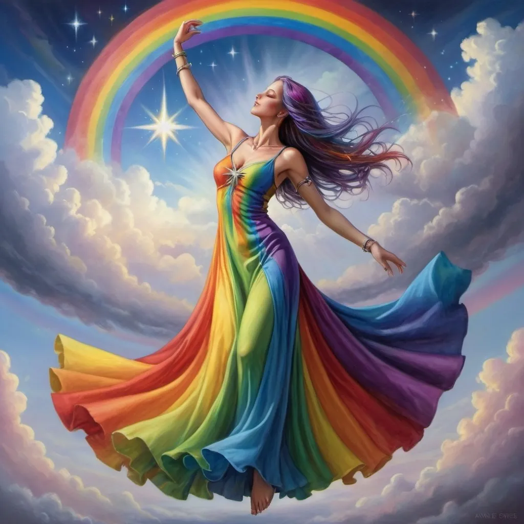 Prompt: a woman in a rainbow dress is dancing in the sky with a rainbow colored dress on her body and a star above her head, Anne Stokes, fantasy art, mystical colors, a fine art painting