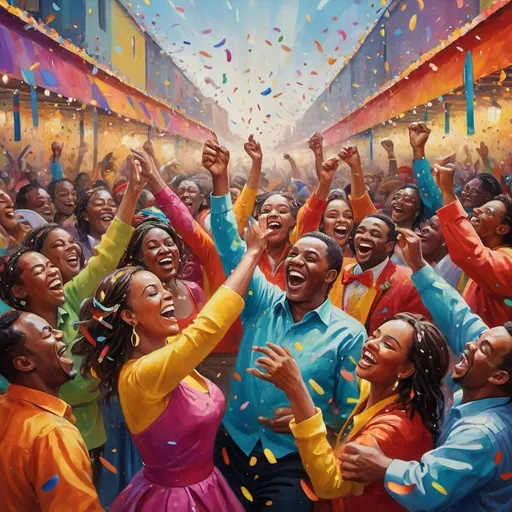 Prompt: Joyous celebration in a vibrant carnival, lively and colorful, oil painting, confetti-filled air, cheerful crowd, dynamic brushstrokes, high energy, festive atmosphere, vibrant colors, lively characters, dynamic composition, carnival art, oil painting, 4k, ultra-detailed, vibrant, dynamic brushstrokes, lively, festive, colorful, high energy, oil painting, dynamic composition