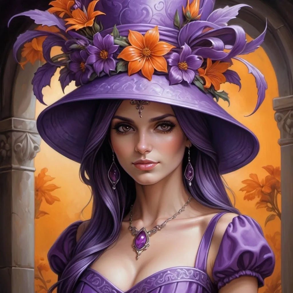 Prompt: a woman wearing a purple hat with  orange flowers on it's head and a purple dress with a purple sash, Anne Stokes, fantasy art, purple, a detailed painting