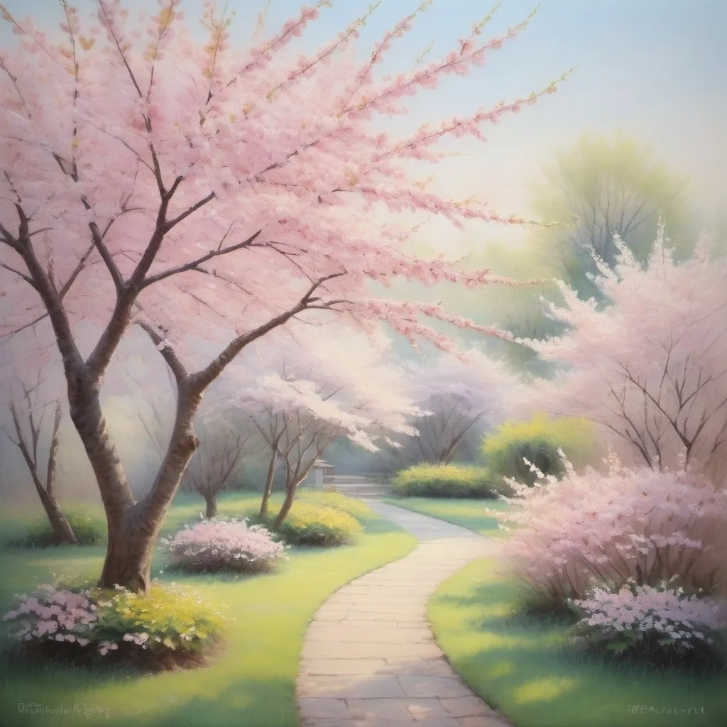 Prompt: Soft pastel painting of a tranquil garden, delicate cherry blossoms in bloom, serene and gentle atmosphere, high quality, pastel painting, peaceful, light pastel tones, soft lighting