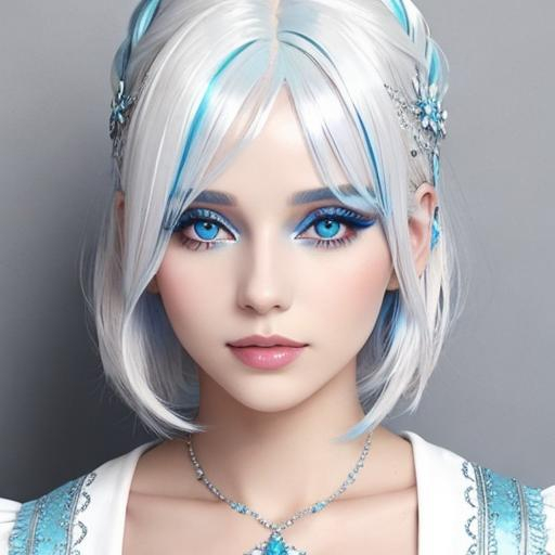 Prompt: A beautiful woman, white hair with pastel highlights, blue eyes, blue eyeshadow, blue jewels on forehead