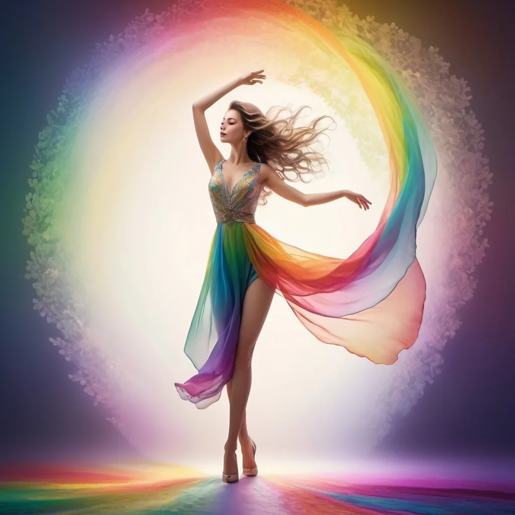 Prompt: (elegant lady), graceful pose, vivid (colors of the rainbow), flowing attire, chic accessories, soft and dreamy ambiance, radiating a sense of joy, ultra-detailed, ambient lighting, romantic atmosphere, intricate patterns, harmonious blend of hues, beautifully flowing hair, serene expression, enchanting background bursting with color, high-quality rendering.