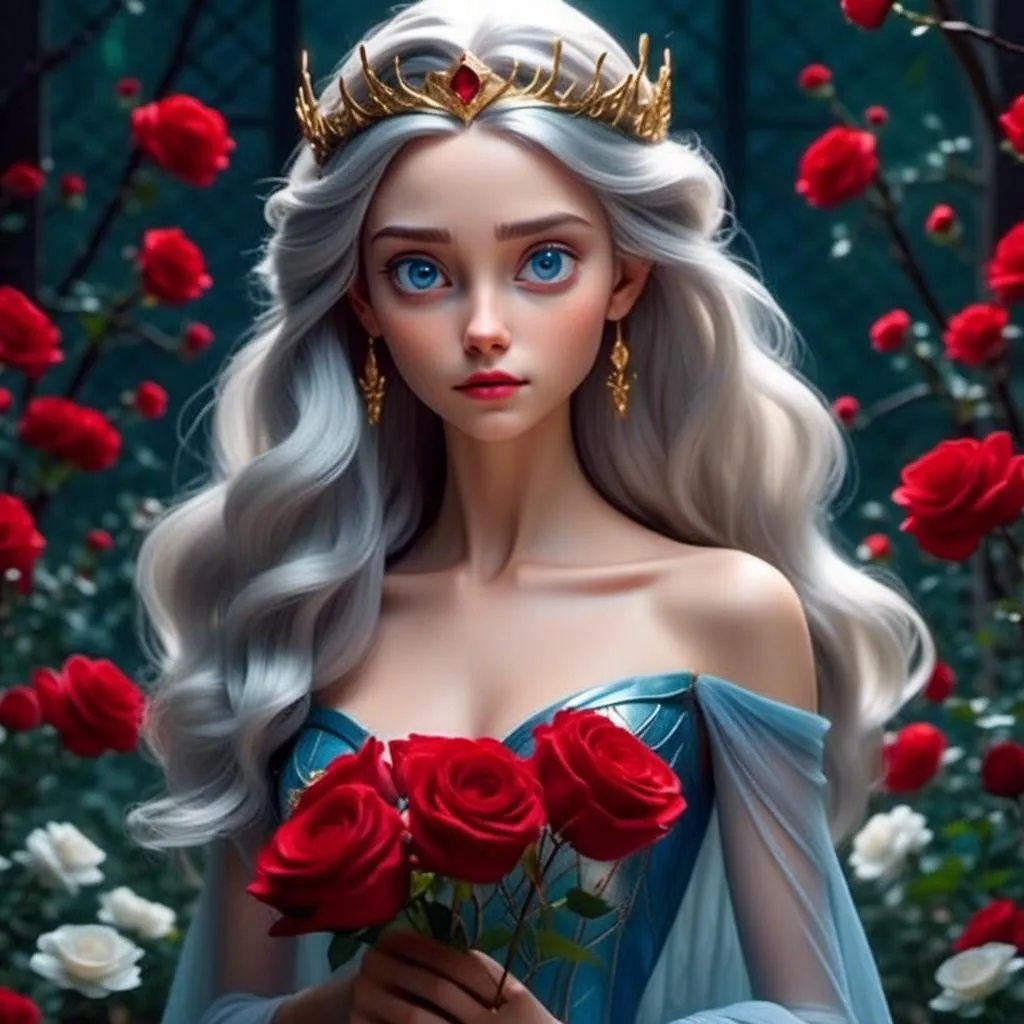 Prompt: <mymodel>Fairy tale, beautiful girl with white skin, (perfect face), light golden hair, blue pupils, red lips, forest style, mysterious, vintage fashion-dresses, with a transparent crystal crown on her head, the woman's body is so white Glows, (high detail) sitting on an oversized red rose, hyperdetail, ultra high definition.<mymodel>