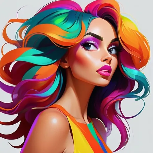 Prompt: Colorful lady, vibrant, energetic, modern digital illustration, bright and bold colors, flowing vibrant hair, expressive eyes, dynamic pose, high quality, digital art, contemporary, lively color palette, vivid lighting