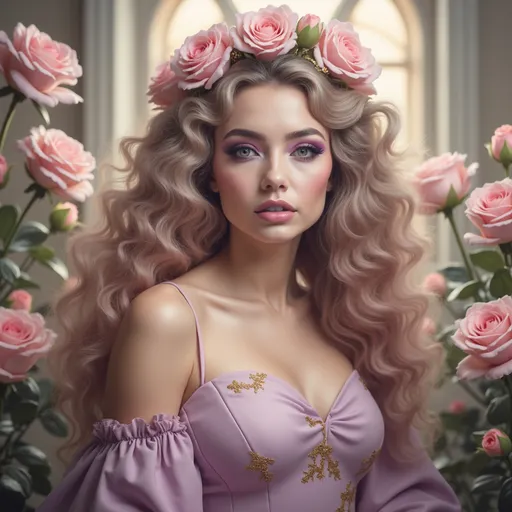 Prompt: Radiating elegance, a stunning woman lounges on a luxurious purple velvet chaise, adorned with ornate gold accents that enhance the opulence of the scene. Her long, flowing silver hair cascades over her shoulders, framing a face highlighted by striking makeup, including deep purple eyeshadow and a bold lip that accentuates her sultry expression. The atmosphere is rich and dramatic, with deep burgundy drapes in the background complementing her fitted lavender dress, which features intricate golden floral designs. The composition draws the viewer's eye to her poised posture, capturing a mood of confident allure, while soft lighting adds a touch of warmth and glamour to the overall aesthetic.