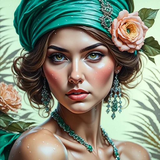 Prompt: <mymodel> a painting of a woman wearing a yellow dress and green jewelry with a green background and a green background, Ernie Barnes, figurative art, hyper realism, a photorealistic painting