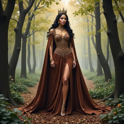 Prompt: a princess in a  cocoa brown and gold gown standing in a forest with a crown on her head and a cloak, Dirk Crabeth, gothic art, fantasy style, a storybook illustration