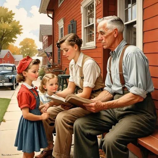 Prompt: Norman Rockwell style, vintage Americana illustration, warm and nostalgic tones, detailed characters, heartwarming storytelling, traditional painting medium, classic American setting, 1940s fashion and architecture, wholesome and idyllic, high quality, heartwarming, nostalgic, detailed characters, traditional painting, vintage, classic, 1940s, warm tones, storytelling, Americana