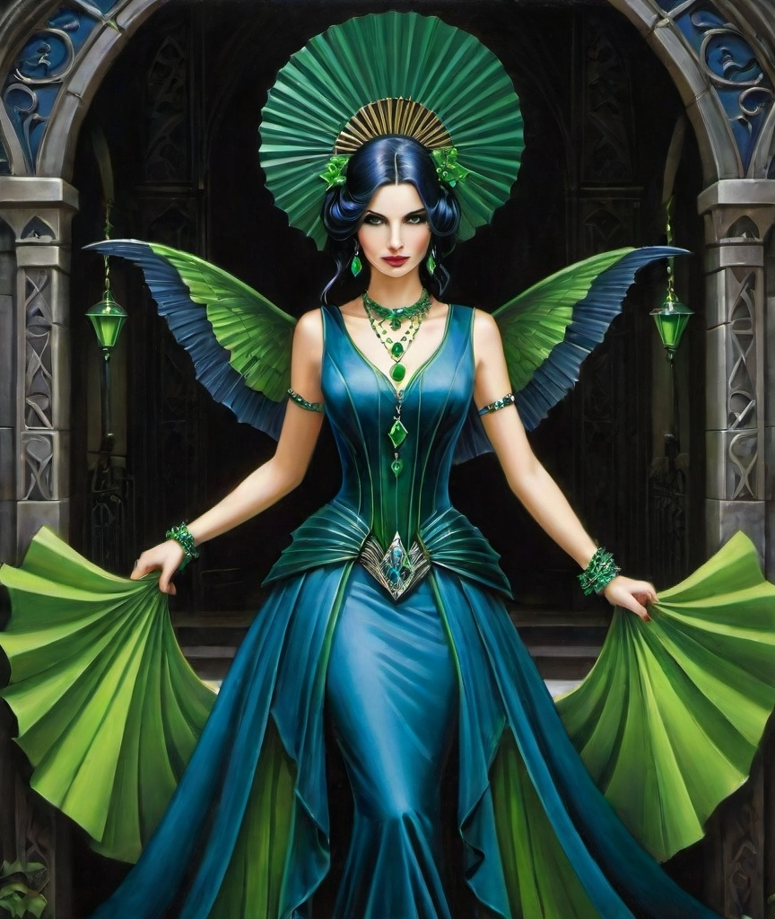 Prompt: a woman in a blue dress and a green necklace and a green fan, Anne Stokes, gothic art, dark fantasy art, an art deco painting