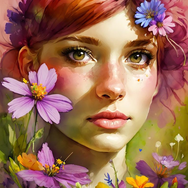 Prompt: a fairy of spring, ,wildflowers, vivid colors,  facial closeup