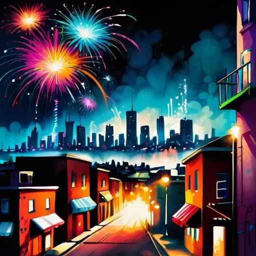 Prompt: cityscape with fireworks, high quality, graffiti style, vibrant tones, urban lighting