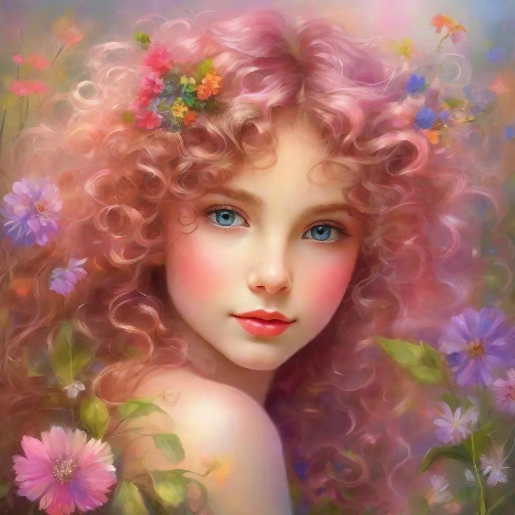 Prompt: a young fairy of spring,  lots of very curly hair, pink glow on cheeks, wildflowers, vivid colors, closeup