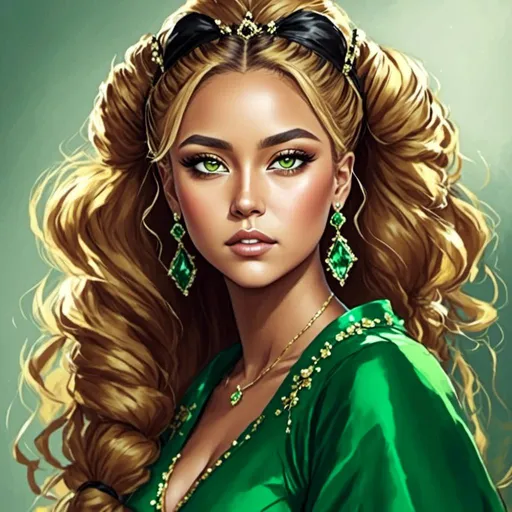 Prompt: <mymodel>Detailed illustration of a woman in vibrant green attire, large vivid green eyes, elegant makeup, digital painting, high resolution, realistic style, vibrant green, professional lighting