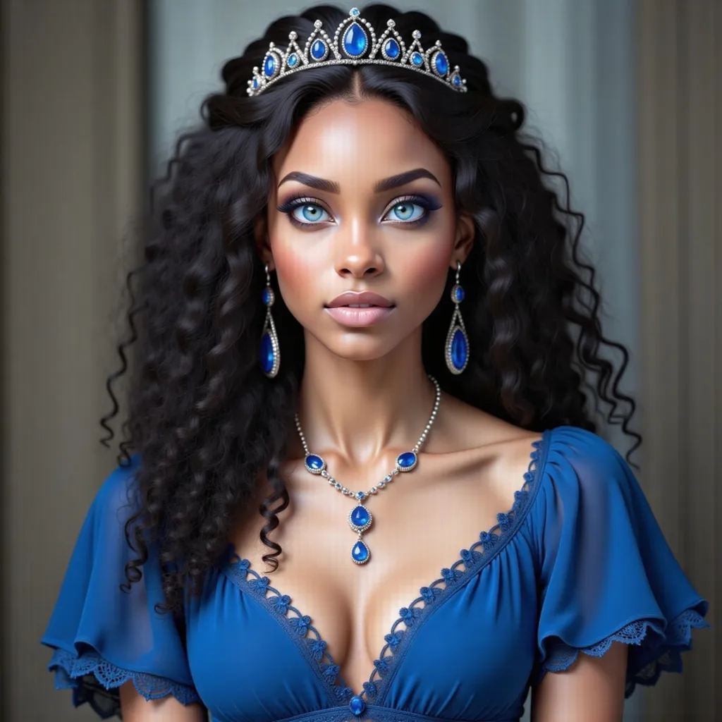 Prompt: a stunning black woman with a crown on her head and a necklace on her neck of sapphires, in a blue dress with flowers, Anne Stokes, fantasy art, highly detailed digital painting, a detailed painting