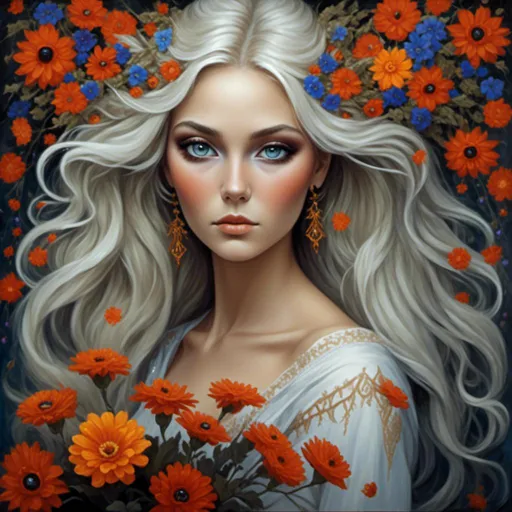 Prompt: <mymodel>Nataasha-Beautiful woman with flowers, oil painting, detailed fiery eyes, ethereal glow, dark and mysterious, high quality, vibrant colors, surreal, haunting, intricate floral details, intense gaze, mystical atmosphere, oil painting, demon, hybrid, fiery eyes, ethereal, vibrant colors, surreal, haunting, floral details, intense gaze, mystical atmosphere