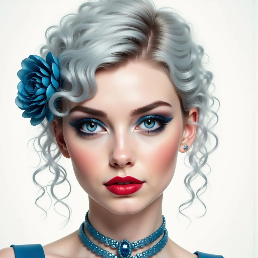 Prompt: a woman with blue makeup and a flower in her hair and a necklace on her neck and a blue flower in her hair, Anna Dittmann, fantasy art, highly detailed digital painting, a digital painting