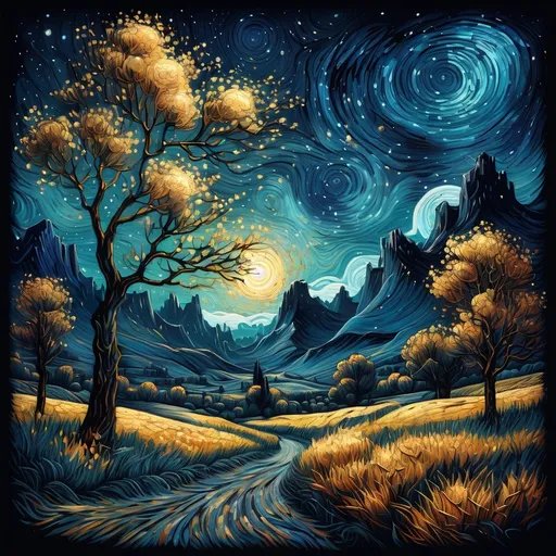 Prompt: a  landscape with a night sky background and stars in the sky,  Van Gogh sky, Dan Mumford, post-impressionism, stars, a detailed painting