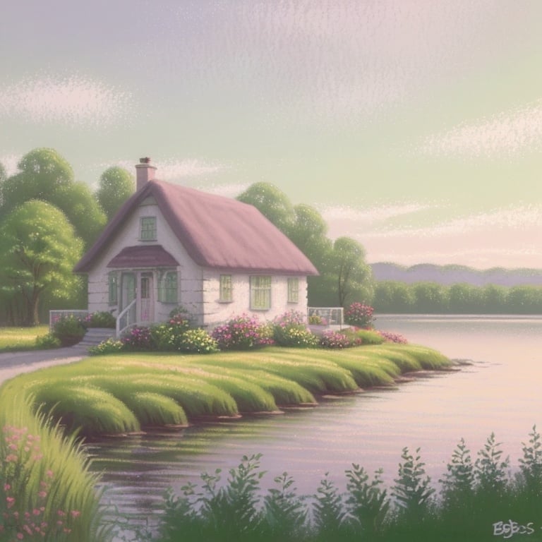 Prompt: A painting of a cottage in pastel colors in the style of Bob Ross