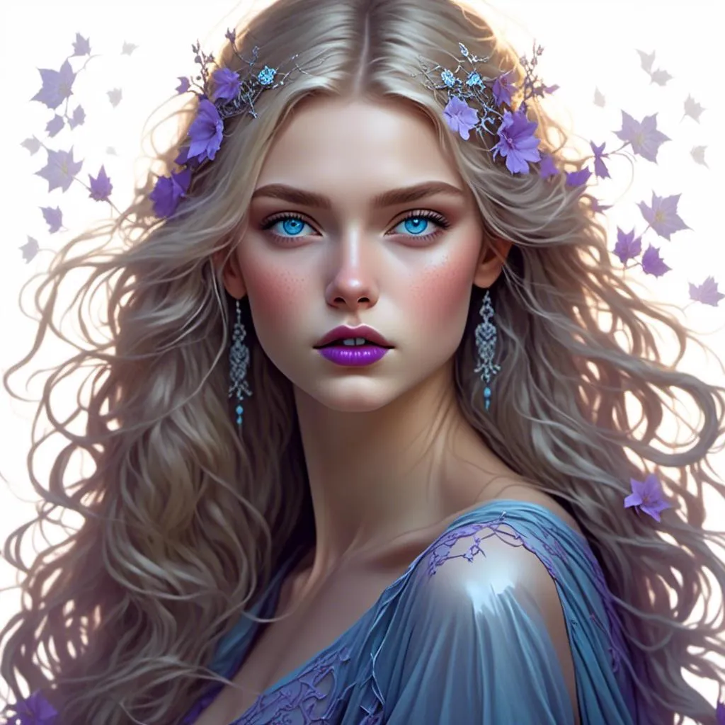 Prompt: <mymodel>Beautiful ethereal woman, long blonde hair,and icy blue eyes color, purple lipstick, facial closeup