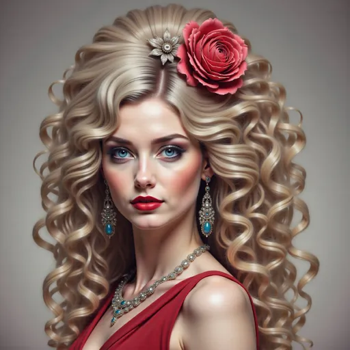 Prompt: a painting of a woman with long blonde hair and a rose in her hair, wearing a red dress, Edwin Georgi, rococo, highly detailed digital painting, a photorealistic painting