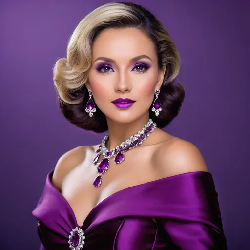 Prompt: lady in purple high class attire, facial closeup