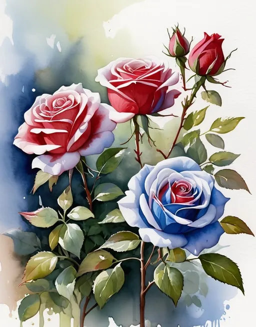 Prompt: <mymodel> watercolor,red, white and blue rose bush