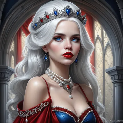 Prompt: a woman with  white hair, blue eyes, red lips, a tiara and pearls on her head and a red lip and a blue dress with a red and white collar, Anne Stokes, gothic art, highly detailed digital painting, a detailed painting