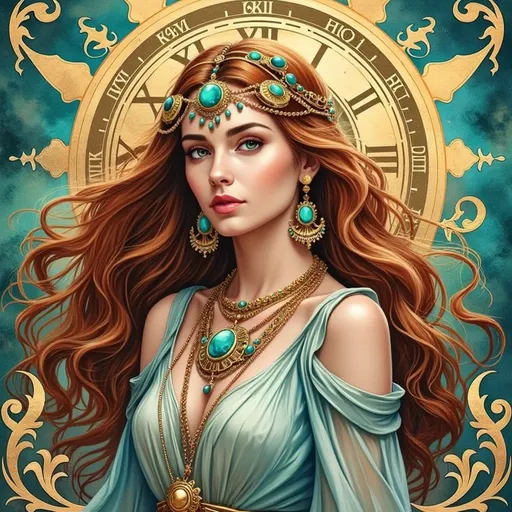 Prompt: This is a digital illustration in a detailed, semi-realistic, fantasy art style. The central figure is a striking woman with long, flowing auburn hair that cascades down her shoulders. She has fair skin, green eyes with a piercing gaze, and full, slightly parted lips. She wears an elaborate golden headpiece adorned with a large, central turquoise gem. Her ears are decorated with matching turquoise and gold earrings, and she has multiple intricate necklaces with turquoise stones, layered around her neck. Her attire consists of a light, flowing, off-the-shoulder dress in a pale teal color.

The background features an ornate, circular design with Roman numerals on a clock-like element, suggesting a celestial or mystical theme. The backdrop is a mix of teal and gold, with intricate, swirling patterns that add to the fantastical atmosphere. The overall color palette is dominated by gold, teal, and brown, with the textures of the illustration emphasizing the richness and detail of the jewelry and her dress. The woman's expression is calm and commanding, and her presence is centered and dominant in the image, making her the focal point against the elaborate background.