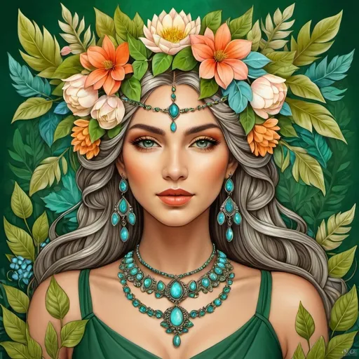 Prompt: a woman with flowers in her hair and a necklace on her head, surrounded by leaves and flowers, is shown in a digital painting style, Amanda Sage, fantasy art, highly detailed digital painting, a detailed painting