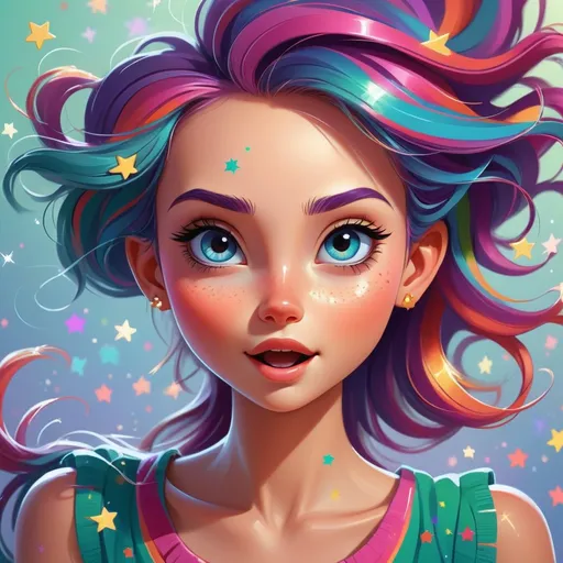 Prompt: colorful illustration of a playful girl, vibrant color palette, sparkling and twinkling elements, playful expression, flowing hair with vibrant colors, twinkling stars, vibrant, cartoon, playful, colorful, twinkling, sparkling, lively expression, vibrant hair, colorful palette