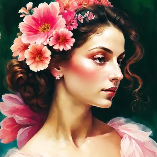 Prompt: a beautiful woman , lots of pretty pink flowers