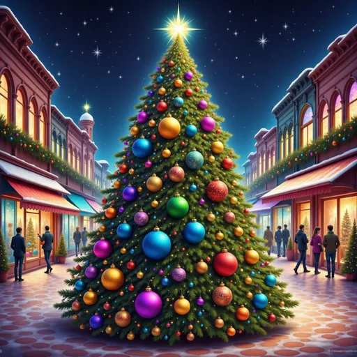 Prompt: a christmas tree is in a shopping mall with large bauble of many color and a star on top of it, Evgeny Lushpin, naive art, kinkade, a digital rendering