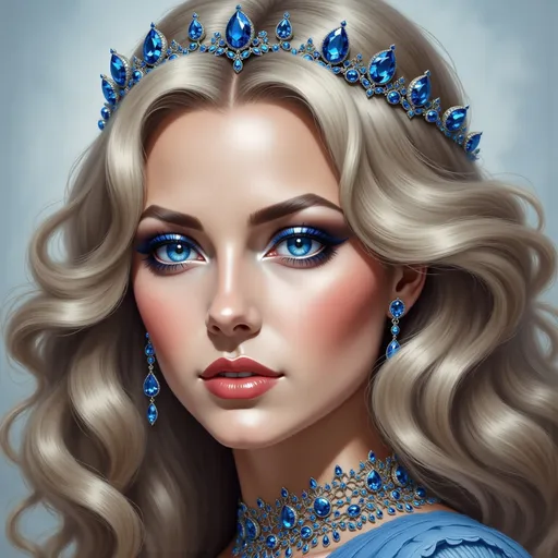 Prompt: a woman with a tiara and blue jewels on her head and a necklace and earrings on her head, Edwin Georgi, gothic art, highly detailed digital painting, an art deco painting