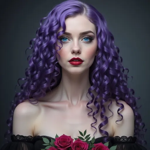 Prompt: a woman with purple hair and blue eyes, makeup, is wearing a black dress , Anne Stokes, gothic art, highly detailed digital painting, a 3D render