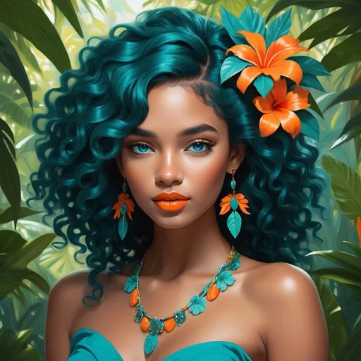 Prompt: With cascading, vibrant curls of deep teal framing her face, a striking young woman emanates a tropical allure set against a lush, verdant backdrop. Her bright blue eyes seem to sparkle, complemented by a bold, glossy orange lip that draws attention, while floral decorations in her hair, bright orange and turquoise, provide a vivacious touch. Adorned with matching jewelry—elaborate earrings and a necklace adorned with floral motifs—she radiates confidence and elegance. The soft, diffused light filtering through the foliage contributes to a serene yet dynamic atmosphere, encapsulating the essence of a vibrant summer day filled with a sense of adventure and beauty. The composition, focusing intently on her expressive features, creates a captivating focal point that stands out amidst the greenery.