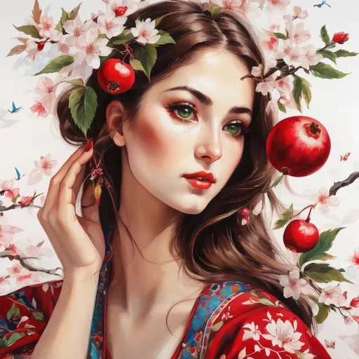 Prompt: A colorful design in the dimensions of 140x140 centimeters, its main theme is white and red, there are pomegranates and cherry blossoms in it, and some green leaves and branches and traditional Iranian designs are used, and there are small birds in it.