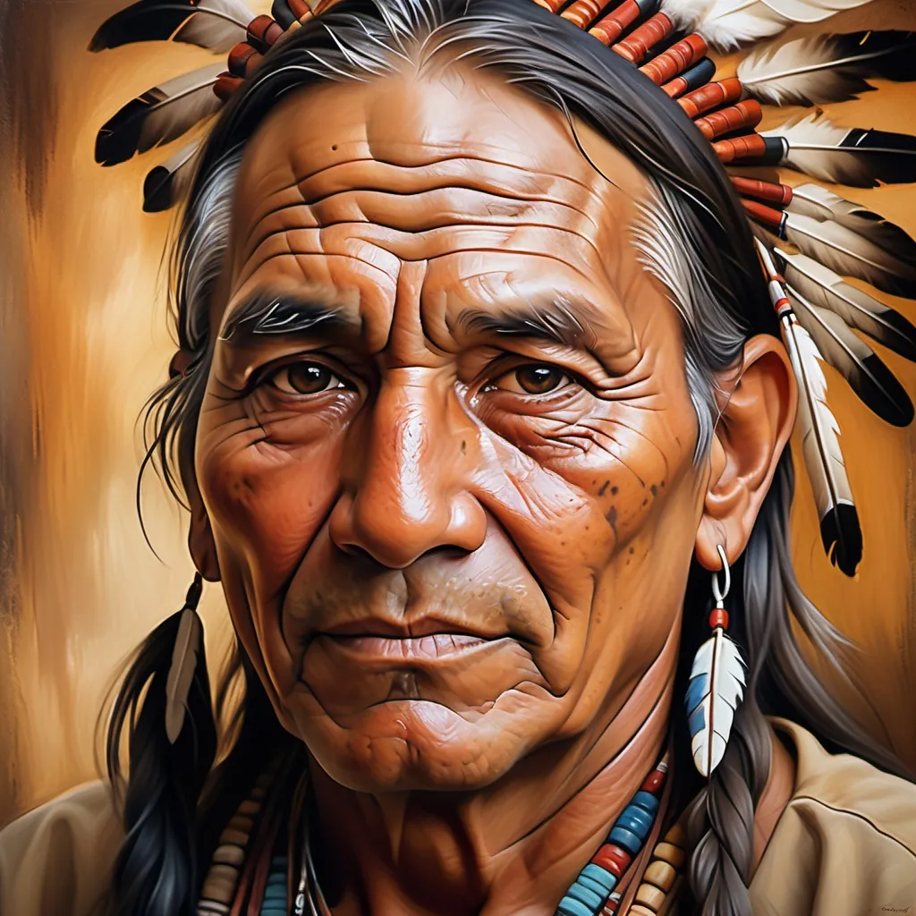 Prompt: Realistic oil painting of an native American man, weathered and wise, intricate patterns and textures, expressive eyes with a hint of sadness, wrinkled and kind smile, warm and earthy color palette, soft natural lighting, high quality, realistic, traditional, emotional portrait, detailed facial features, textured clothing, warm tones, atmospheric lighting background to be nature and low cuality picture
