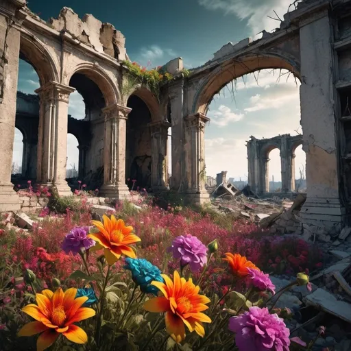 Prompt: Flowers blooming from apocalyptic ruins, vibrant colors contrasting with desolation, high quality, detailed floral textures, post-apocalyptic, surreal, vibrant colors, intricate details, dramatic lighting