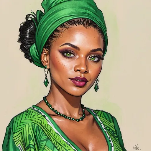 Prompt: <mymodel>Detailed illustration of a woman in vibrant green attire, large vivid green eyes, elegant makeup, digital painting, high resolution, realistic style, vibrant green, professional lighting