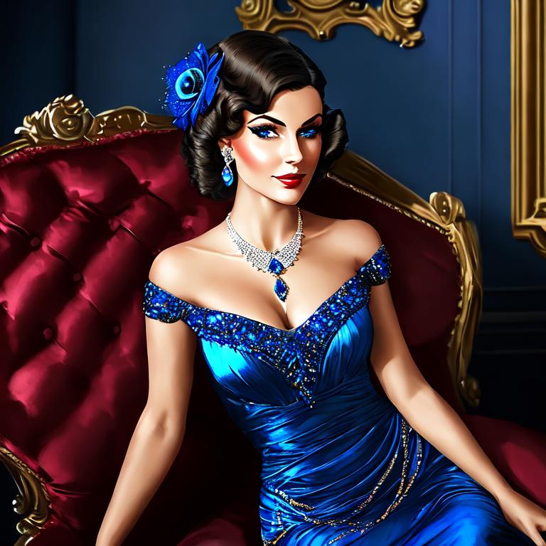 Prompt: Glamorously dressed lady of rhe 1930's wearing sapphire jewelry,blue eyes