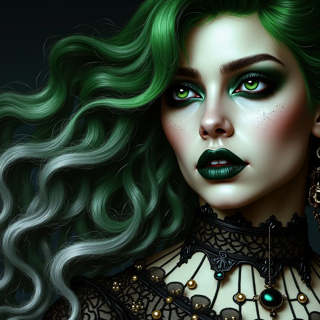 Prompt: a woman with green hair and a black collar and necklace with pearls and pearls on her neck and a black choker, Anne Stokes, gothic art, gothic, an ultrafine detailed painting