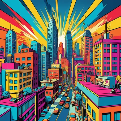 Prompt: Vibrant pop art illustration of a flamboyant cityscape, bold and lively colors, comic book style, retro pop culture references, exaggerated perspectives, high energy, best quality, vivid, dynamic, pop art, comic book style, vibrant colors, retro, exaggerated, lively, cityscape, energetic, professional, dynamic lighting