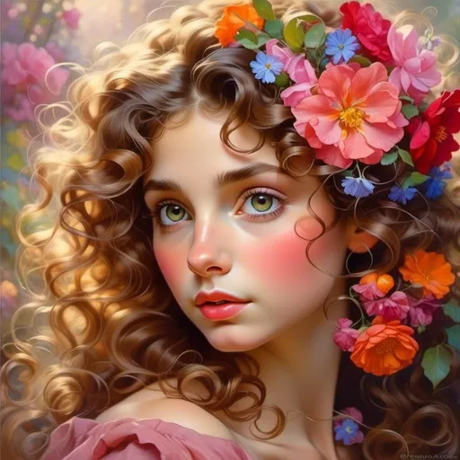 Prompt: a young fairy of spring, very curly hair, pink glow on cheeks,wildflowers, vivid colors, closeup<mymodel>