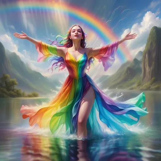 Prompt: a woman in a dress with a rainbow dress on is standing in the water with her arms outstretched and her arms spread out, artist, fantasy art, mystical colors, an airbrush painting