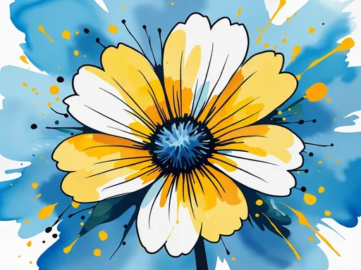 Prompt: This image is a digital painting in a vibrant, abstract style. The central focus is a large, stylized flower with a dynamic and energetic composition. The flower's petals are predominantly bright yellow with white accents, and they are outlined with bold, black, sketch-like lines that add a sense of movement and texture. The center of the flower is a deep blue, contrasting sharply with the yellow petals. The background is a rich, saturated blue with yellow splashes radiating outward from the flower, creating a sense of explosion or burst. The yellow splashes are irregular and painterly, adding to the overall sense of motion and energy. The use of color is bold and contrasting, with the yellow, white, and blue creating a visually striking effect. The texture of the painting is rough and expressive, with visible brushstrokes and splatters that enhance the dynamic feel of the composition. The overall style is modern and abstract, with a focus on color and movement rather than realistic representation. The image has a lively and energetic feel, capturing the viewer's attention with its bold use of color and expressive brushwork.