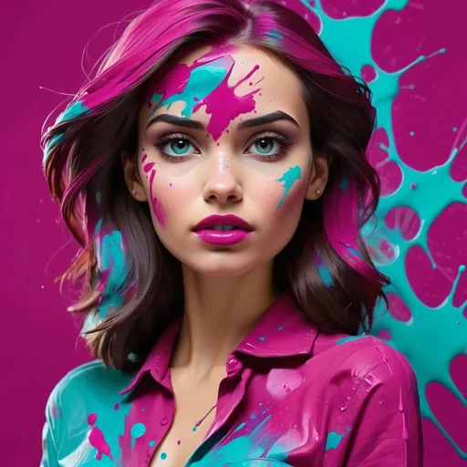 Prompt: woman, magenta and turquoise paint splatter