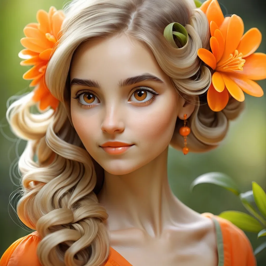 Prompt: young woman with an orange flower in her hair