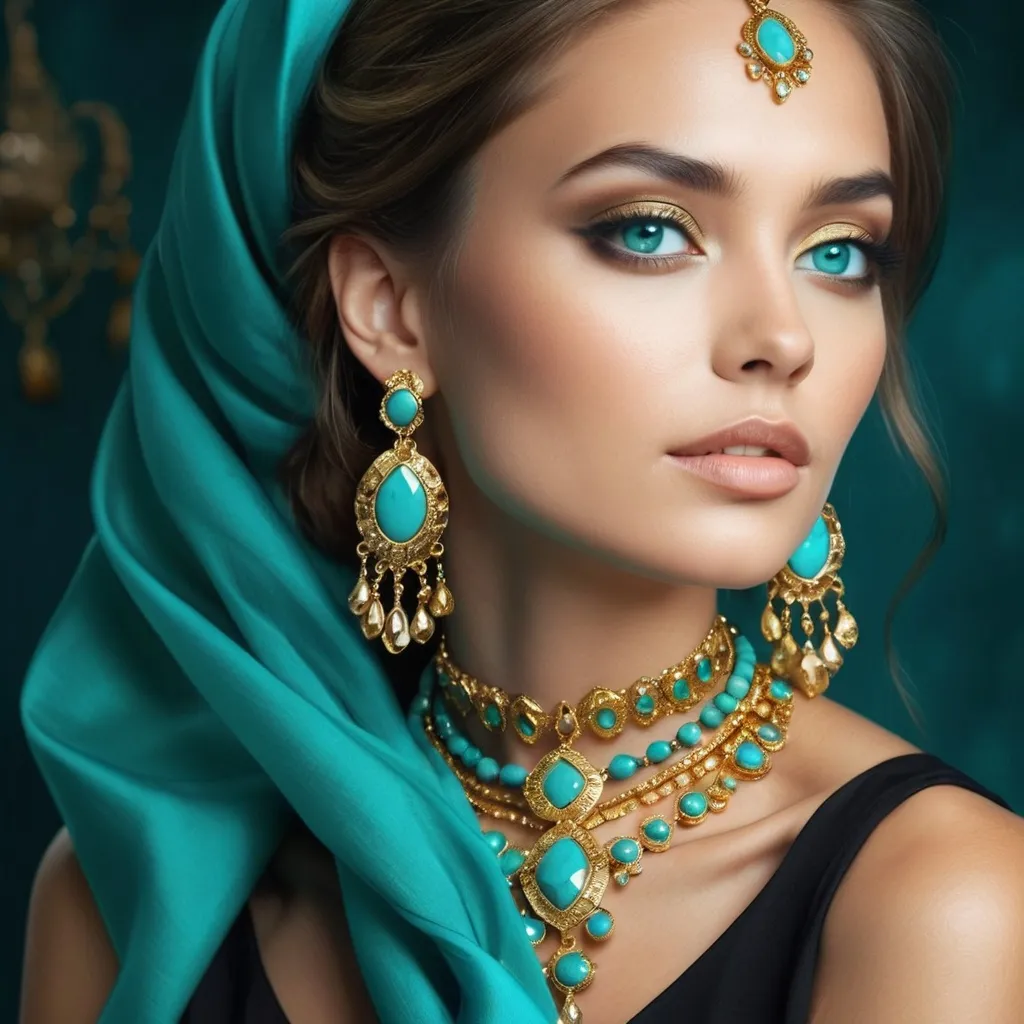 Prompt: <mymodel>An extremely gorgeous woman,  with turquoise jewels, in color scheme of turquoise and gold