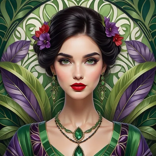 Prompt: A striking young woman gazes directly at the viewer, her fair skin contrasted against the rich greens of the stylized background that features large, abstract leaves. She wears an intricately designed dress characterized by swirling patterns of purples and greens, adorned with a necklace and matching earrings that echo the colors of her attire. Her large, expressive eyes are framed by delicate lashes, and her bold red lips add a touch of drama to her serene expression. Floral accents in her expertly styled dark hair complement the overall aesthetic, creating an enchanting atmosphere reminiscent of art nouveau. The piece exudes elegance and charm, merging beauty with a sense of nature.
