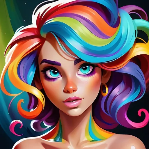 Prompt: Colorful digital painting of a vibrant young woman, flowing rainbow hair, twinkles, expressive eyes, whimsical fantasy setting, high-quality, digital painting, colorful, vibrant, flowing hair, expressive eyes, whimsical, fantasy, detailed, professional, bright colors, atmospheric lighting